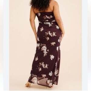BHLDN Floral Burgundy Ruched Strapless Gown